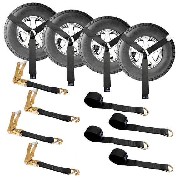 Mega Cargo Control 4 Pack 2" x 120" Car Hauler O-Ring Tie Downs with Wire J Hook Ratchet Straps, Black