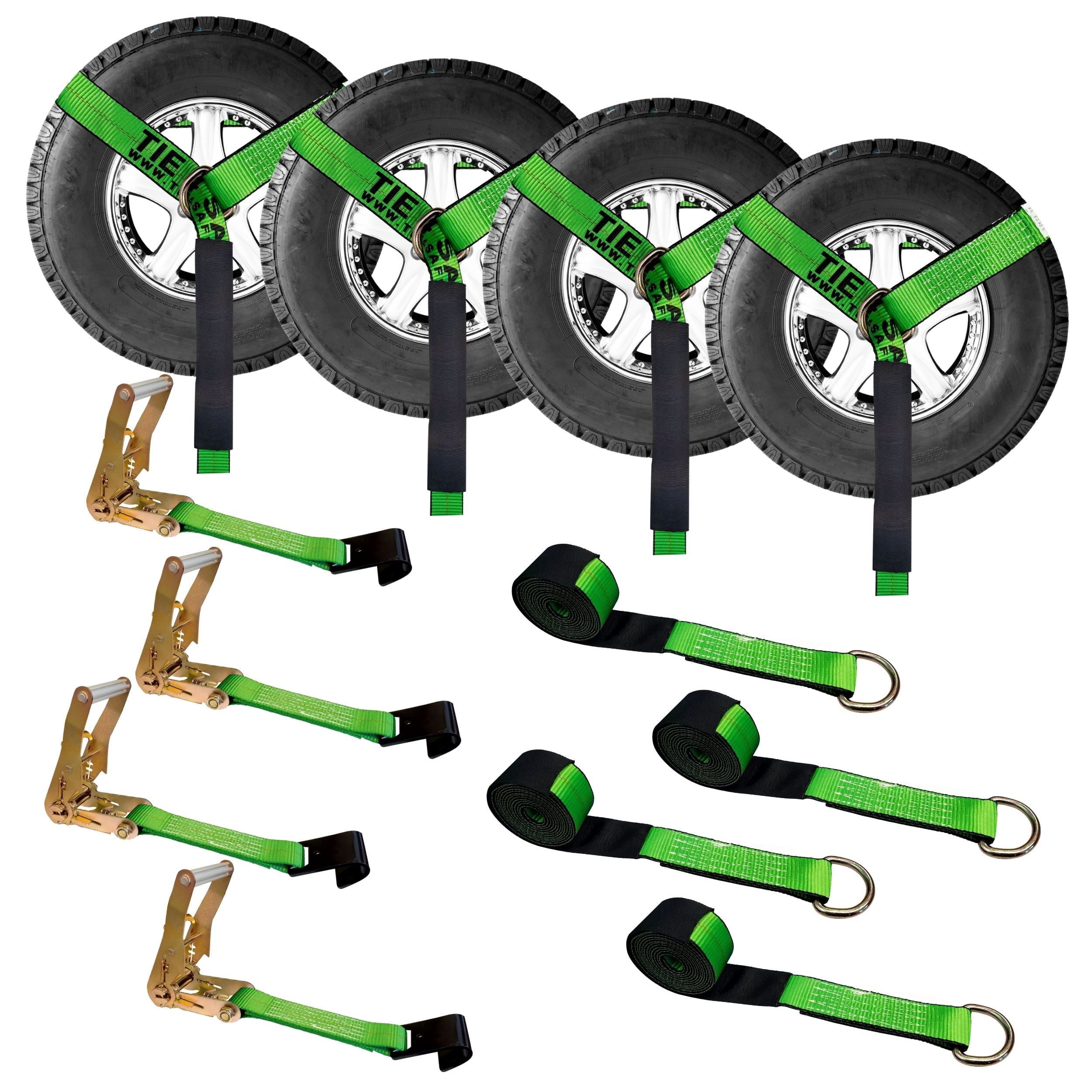 Mega Cargo Control 4 Pack 2" x 120" Car Hauler D-Ring Tie Downs Black Flat Hook Ratchet Straps, Green