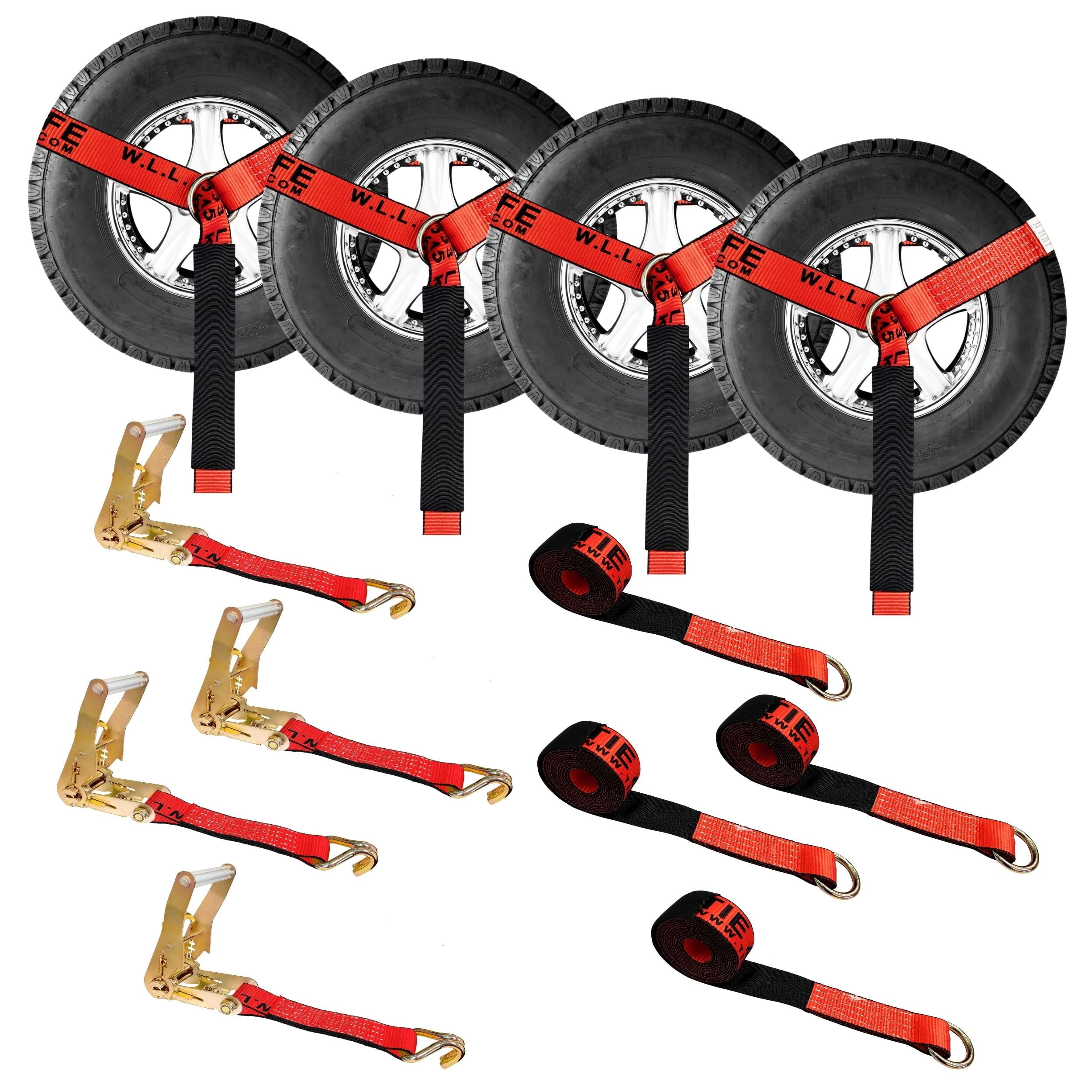 Mega Cargo Control 4 Pack 2" x 120" Car Hauler O-Ring Tie Downs with Wire J Hook Ratchet Straps, Red