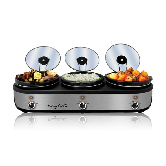 MegaChef Slow Cookers and Buffet Server with 3 Ceramic Cooking Pots and Removable Lid Rests, 2.5 Quart, Brushed Silver & Black