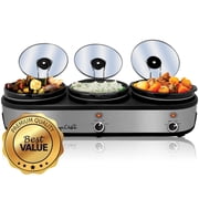 MegaChef Slow Cookers and Buffet Server with 3 Ceramic Cooking Pots and Removable Lid Rests, 2.5 Quart, Brushed Silver & Black