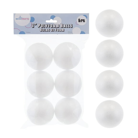 Mega Crafts - 6 Pcs Poly Craft Foam 3'' Inch Ball | Durable, Solid Polystyrene Balls For Arts & Crafts, Ornaments, School Projects, Knitting & Party Favors | For Kids, Teachers & Artists