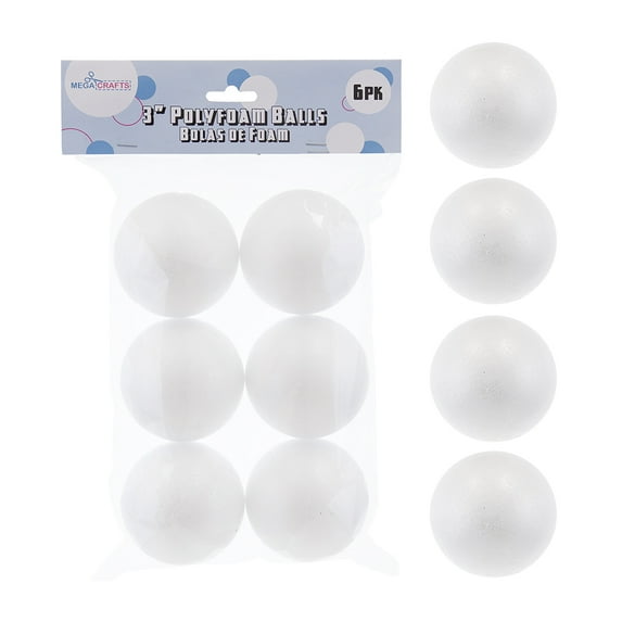 Mega Crafts - 6 Pcs Poly Craft Foam 3'' Inch Ball | Durable, Solid Polystyrene Balls For Arts & Crafts, Ornaments, School Projects, Knitting & Party Favors | For Kids, Teachers & Artists