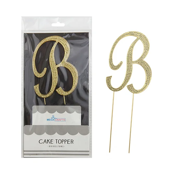 Mega Crafts - Sparkling Rhinestone Letter B Cake Topper - Gold, 1Pc