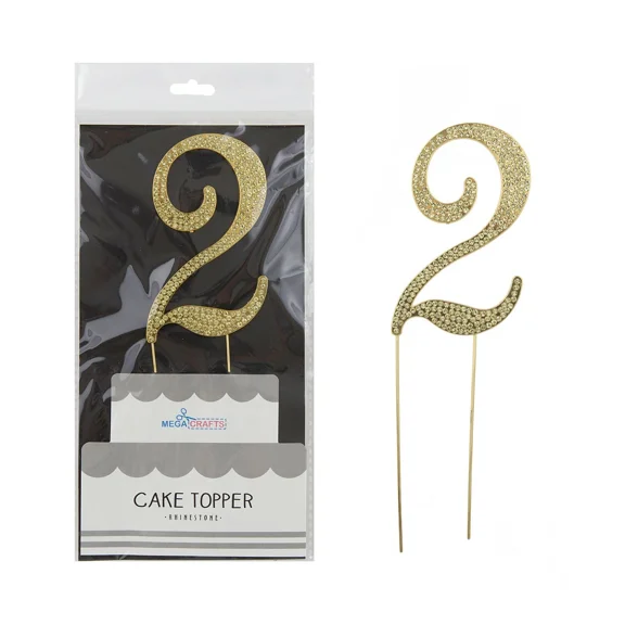 Mega Crafts - Sparkling Rhinestone Number 2 Cake Topper - Gold, 1Pc