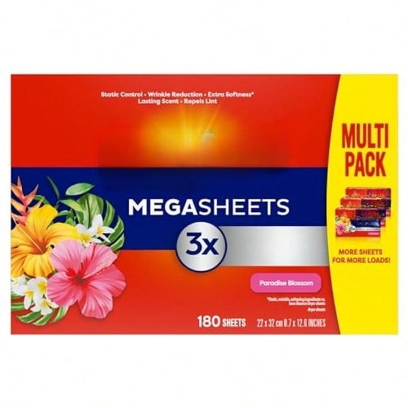 Mega Dryer Sheets, 180 Count, Mega Fabric Softener Sheets with Static Control, Wrinkle Reduction, Extra Softness, Lasting Scent, Repels Lint