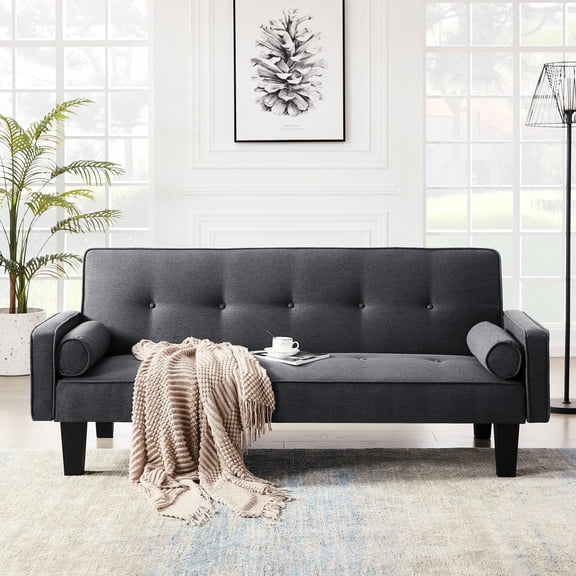 Mega Fabric Living Room Bed - Button , With Pillows, Dark Grey Velvet Convertible Couch Square Arm, For Space Optimization