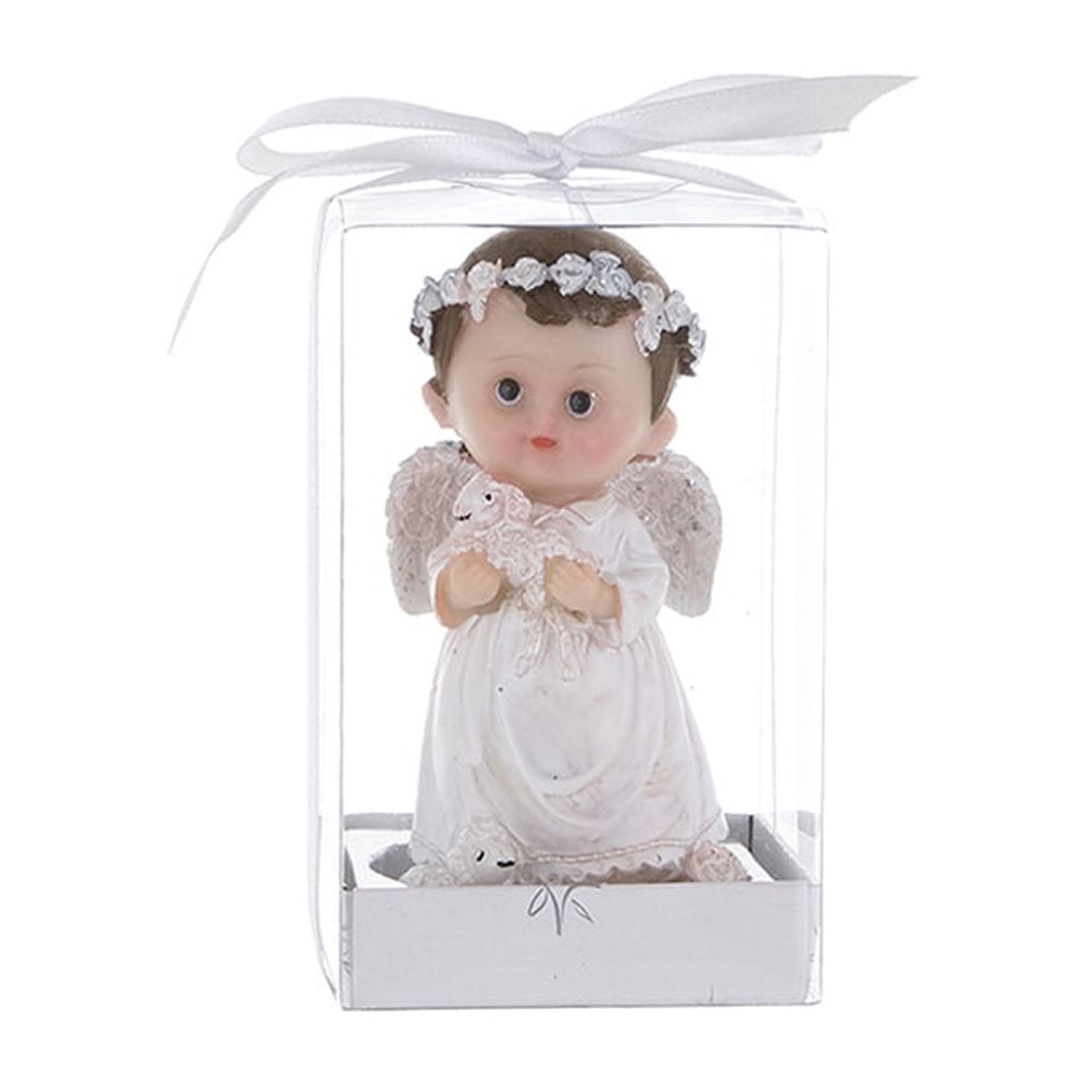 Mega Favors Keepsake Figurine 4” Baptism Baby Boy Poly-Resin Angel Holding Lamb, “Set of” 12