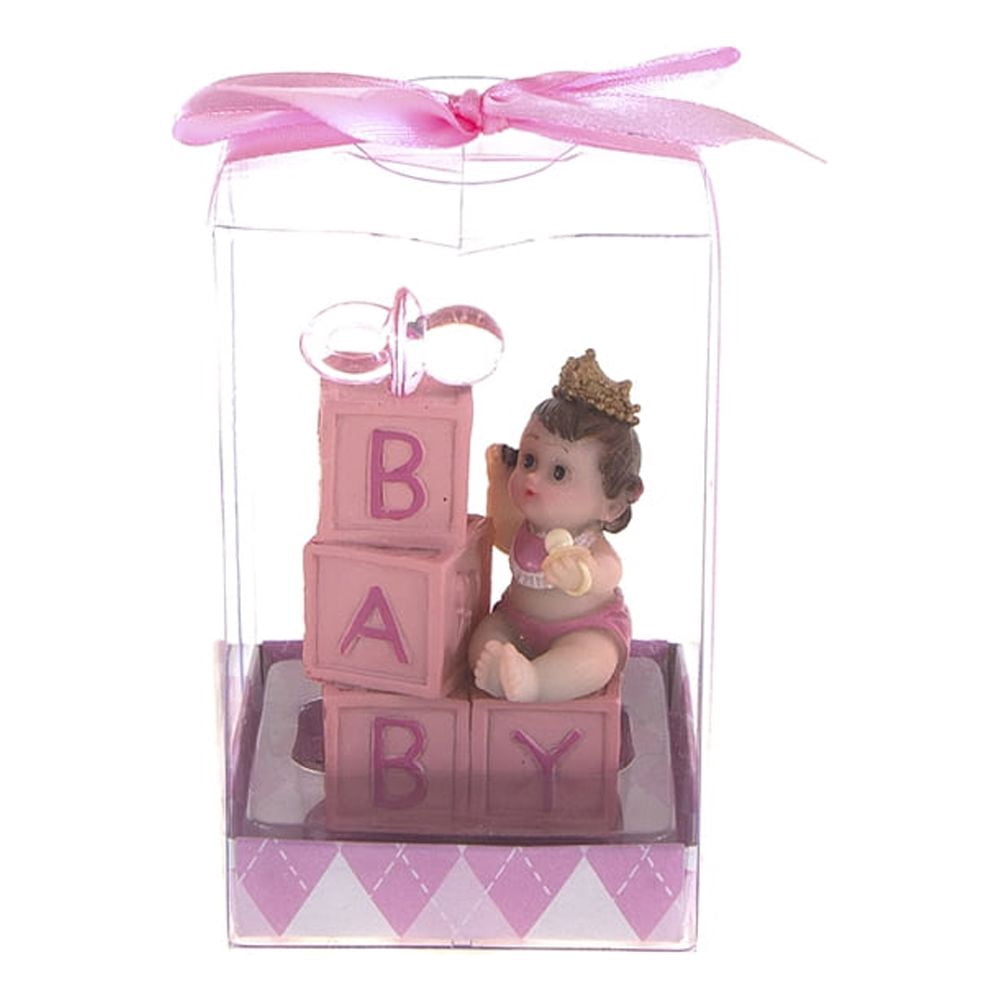 Mega Favors Keepsake Figurine 12 pcs Baby Girl with Crown and Blocks | Awesome Decorations or Party Favors | for Pregnancy Announcements, Gender Reveals, Birthday and Special Celebrations