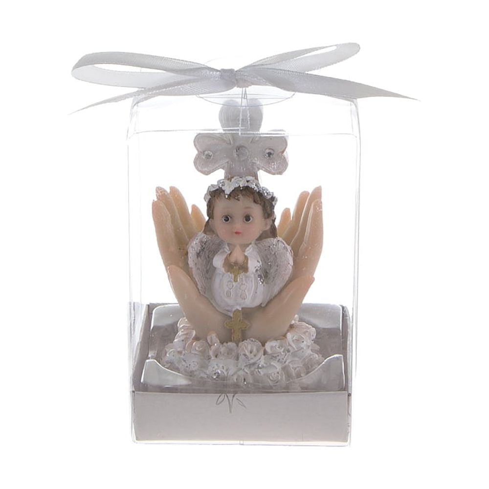 Mega Favors Keepsake Figurine 12 pcs Baby Girl White Angel Kneeling Praying On Palm With Cross | Awesome Decorations or Party Favors | for Baptism, First Communion, Religious and Special Celebrations