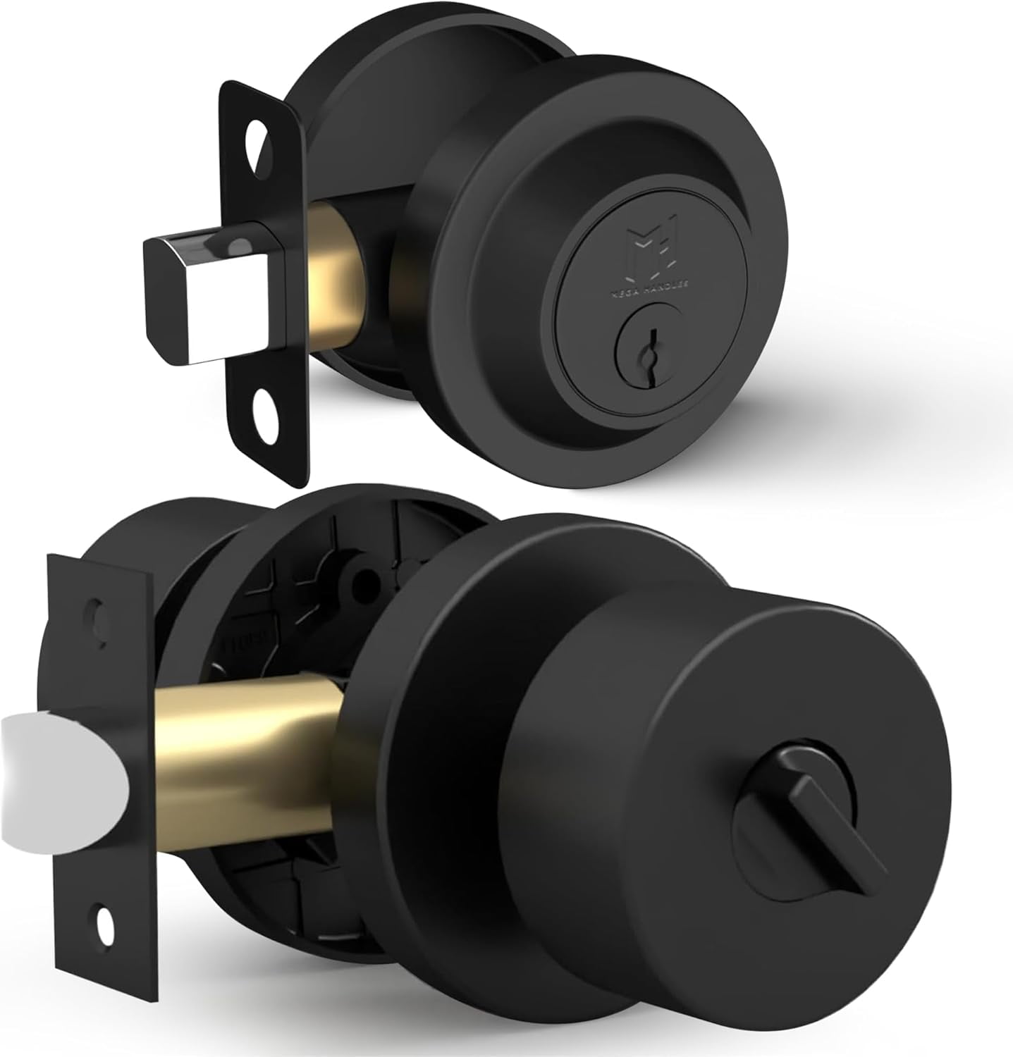Matte Black Round Door Knob with Single Cylinder Deadbolt Lock Set