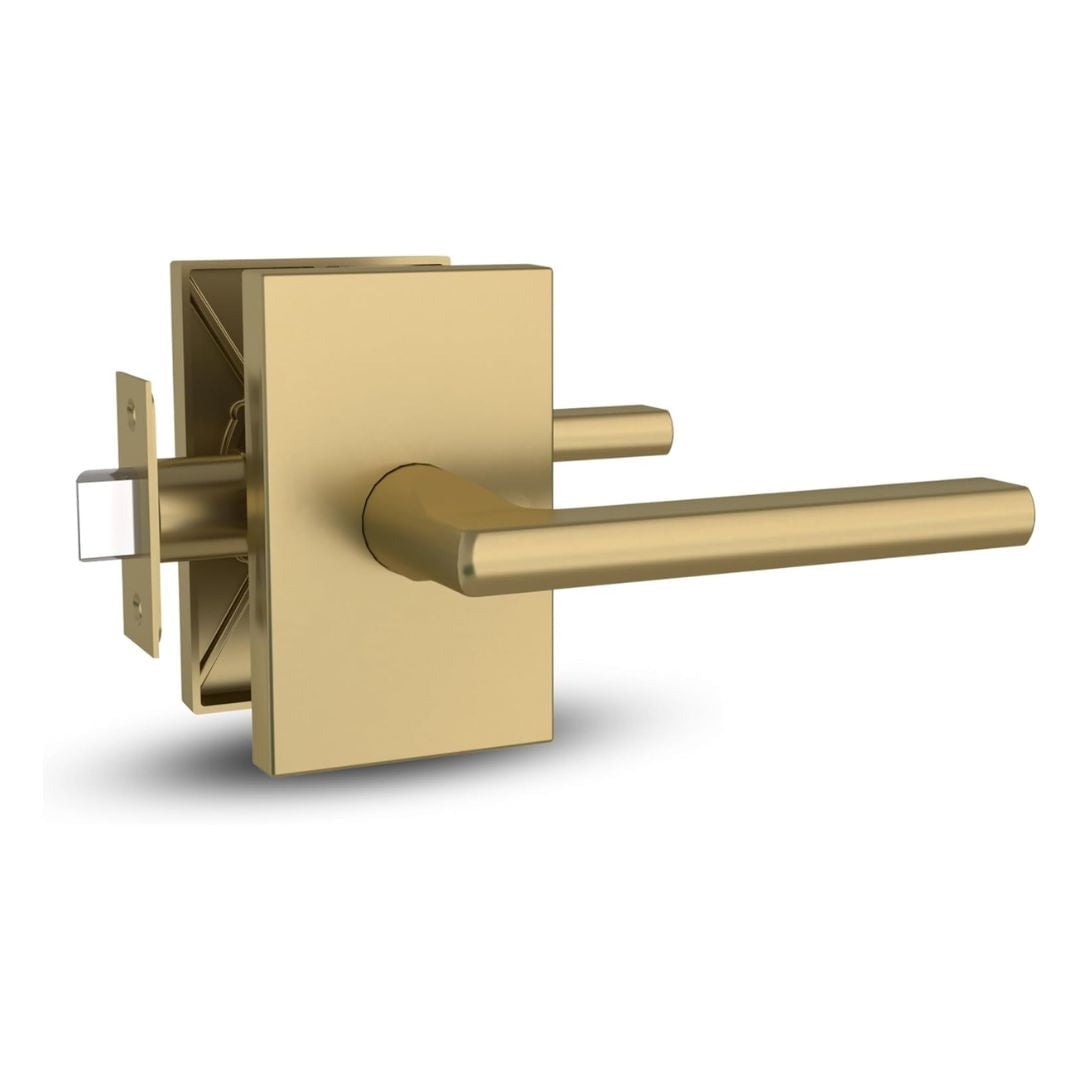 Satin Brass Passage Door Knob Set with Square Backplate