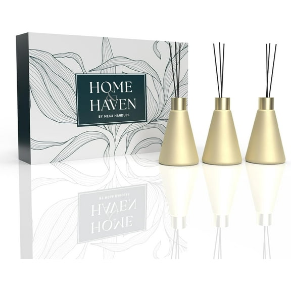 Mega Handles Reed Diffuser | White Flower Scented | Elegant Bathroom Diffuser with Sticks | 3 Pack Satin Brass Air Freshener