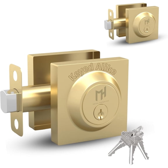 Mega Handles Robell Square Single Cylinder Deadbolt, Keyed Alike, Reversible Exterior Door Lock, Satin Brass, 2 Pack