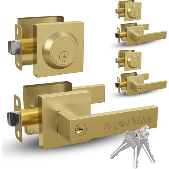 Mega Handles | Robell Entry Lever and Deadbolt Combo | 3 Pack Keyed- Alike | Satin Brass