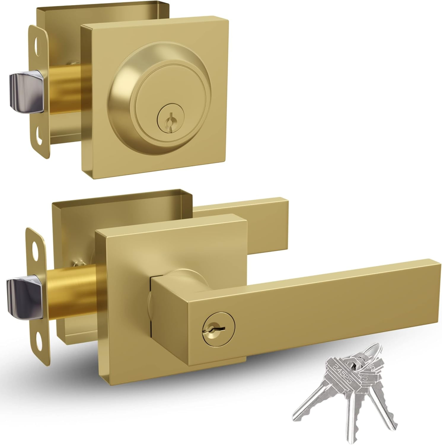 Satin Brass Universal Handing Door Handle and Deadbolt Lock Set