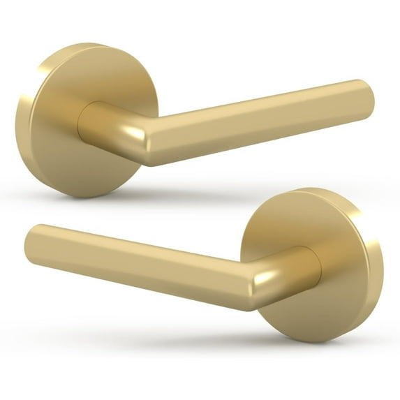 Mega Handles Ronn Dummy Door Lever | Satin Brass, Round Rosette | Stainless Steel Reversible Design | 5" Lever Pack of 2