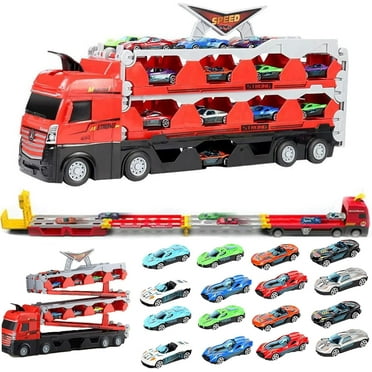 Mega Hauler Truck with Ejection Race Track, 2024 New Big Truck 5Ft Folding Storage Race Track Deformation Catapult Alloy Car, Transporter Truck Toy Set for Kids Gift (16 Cars)