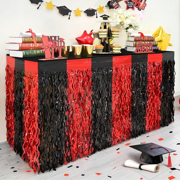 Mega-L 2026 Graduation Party tions, 2 Pack Red Black Wavy Metallic Tinsel Foil Fringe Table Skirts for Rectangle and Round Table, tions for Class of 2026, Prom and Grad Party Decor