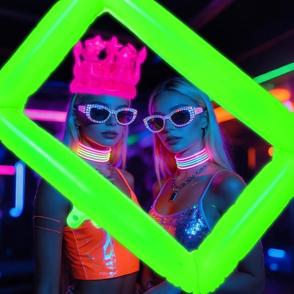 Mega-L Glow in The Dark Party Supplies, 2 Pcs Inflatable Neon Balloons Suit Fluorescent Green Photo Frame Balloon and Fluorescent Fuchsia Crown Balloon, Perfect for Neon Party, Birthday, Wedding