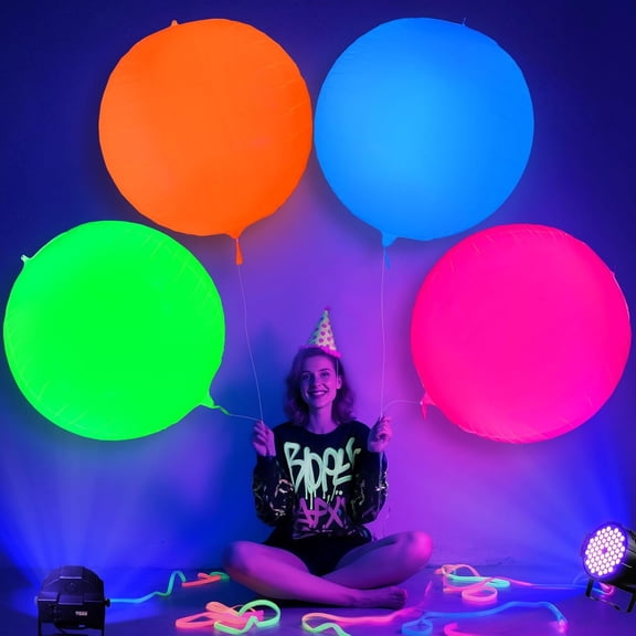 Mega-L Glow in the Dark Party Supplies,4 pcs 32 inch Round Neon Balloons for Glow Party Arches/Garlands,Glow Under Black Lights,Used for Neon Party,80s Party, Birthday, Weeding, Carnivals, Raves