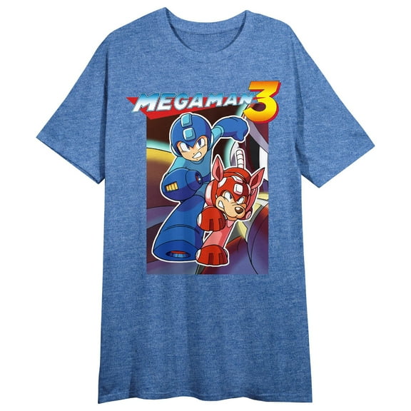 Mega Man 3 Mega Man & Rush Crew Neck Short Sleeve Blue Heather Women's Night Shirt-Medium