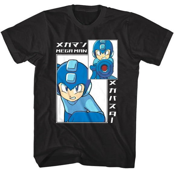 Mega Man Big And Small Rectangle Black Adult T-Shirt