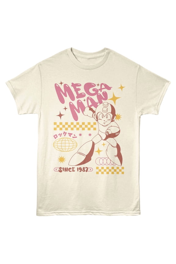 Mega Man - Bubble Letters - American Classics - Front Print Natural Adult Short Sleeve T-Shirt