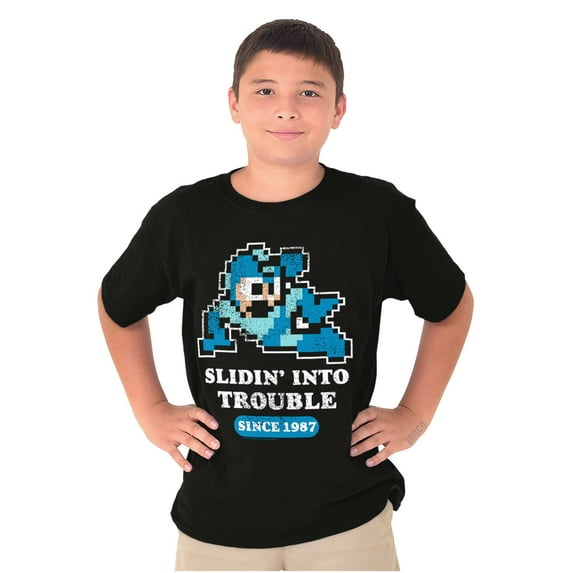 Mega Man Cartoon Slidin Into Trouble Crewneck T Shirts Boy Girl Teen Brisco Brands L