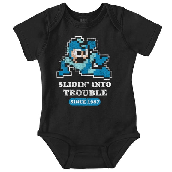 Mega Man Cartoon Slidin Into Trouble Romper Boys or Girls Infant Baby Brisco Brands 18M