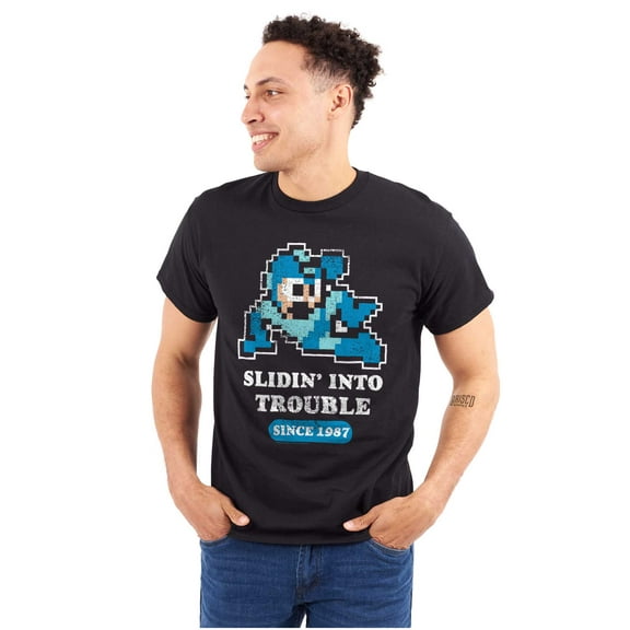Mega Man Cartoon Slidin Into Trouble Unisex Plus Size Graphic Tee Brisco Brands 2X