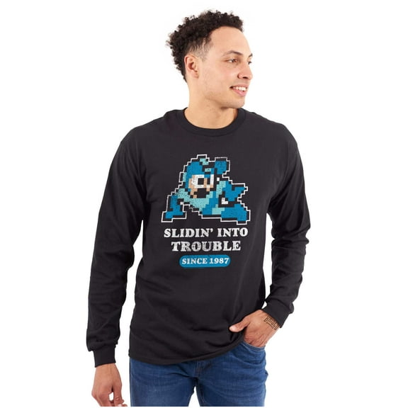 Mega Man Cartoon Slidin Into Trouble Unisex Plus Size Long Sleeve Shirt Brisco Brands 2X