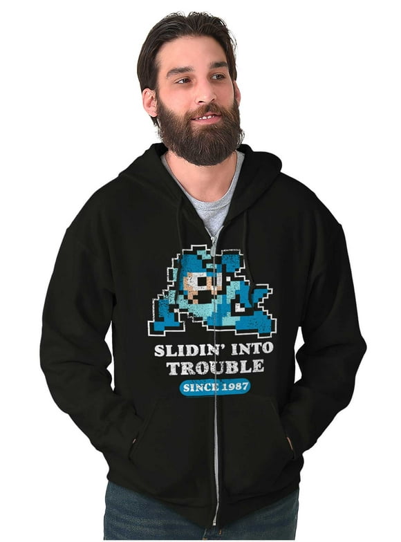 Mega Man Cartoon Slidin Into Trouble Zip Up Hoodie Men's Women's Brisco Brands 2X