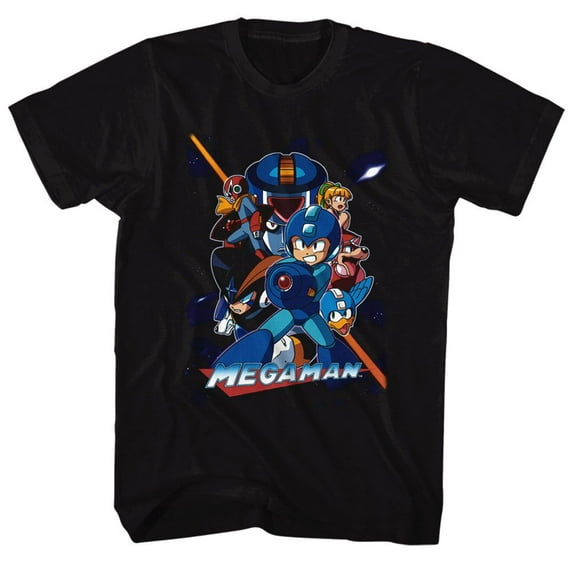 Mega Man Collage Orange Beam Black Adult T-Shirt 4Xlt