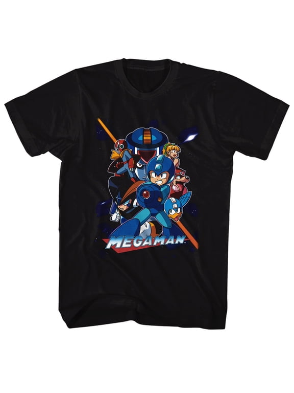 Mega Man Collage Orange Beam Black Adult T-Shirt