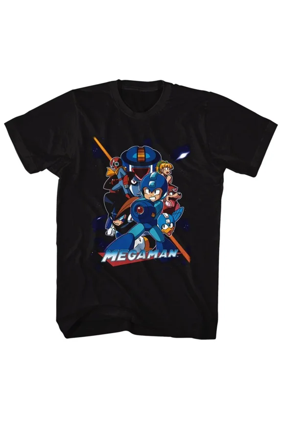 Mega Man Collage Orange Beam Black Gaming Shirt