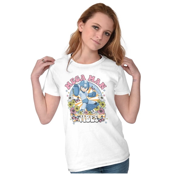 Mega Man Game Spring Flower Vibes Womens Slim Fit Graphic Tee Brisco Brands S