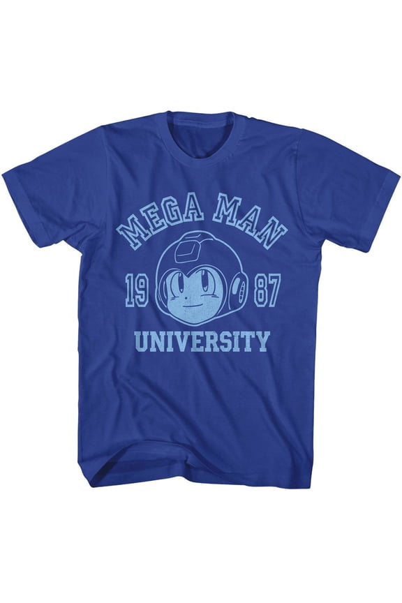 Mega Man - Mega University - Blue Front Print Short Sleeve Solid Adult T-Shirt