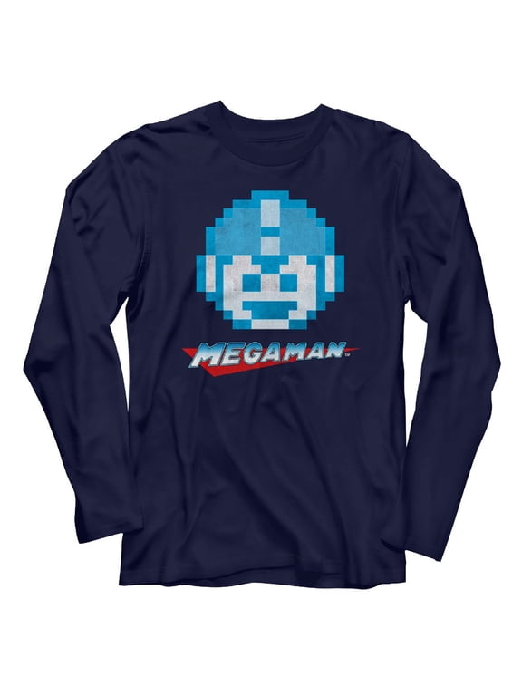 Mega Man Megaface Navy Adult Long Sleeve T-Shirt