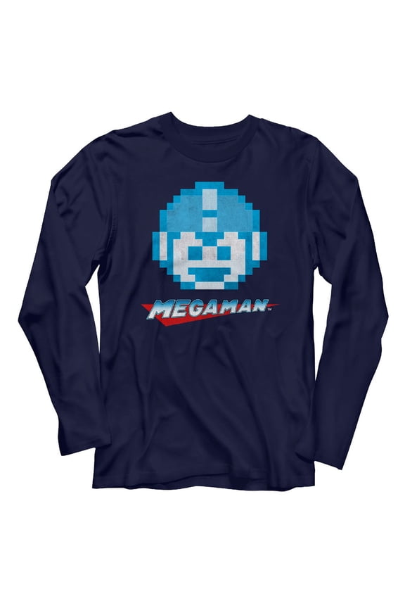 Mega Man Megaface Navy Adult Long Sleeve T-Shirt