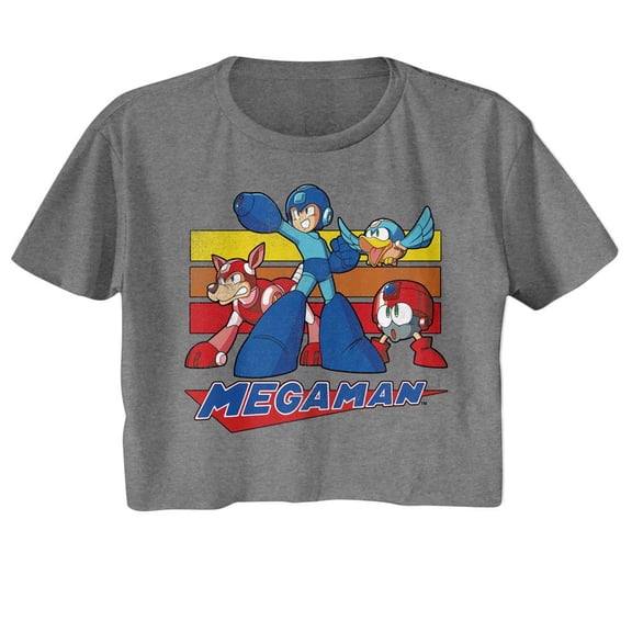 Mega Man Multi Color Rectangles Graphite Heather Ladies S/S Festival Cali Crop M