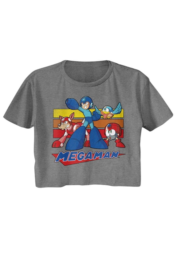 Mega Man Multi Color Rectangles Graphite Heather Women's Festival Cali Crop Top T-Shirt