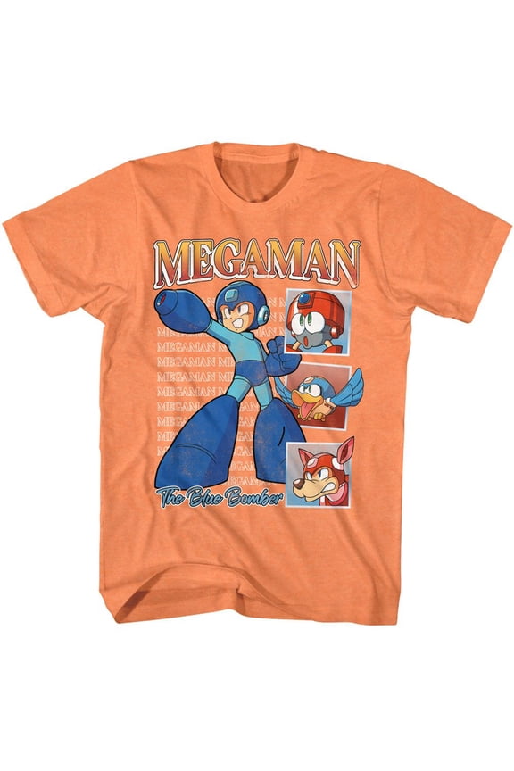 Mega Man - Repeat Squares - Orange Short Sleeve Heather Adult T-Shirt