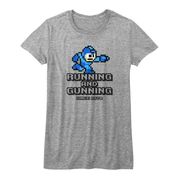 Mega Man Running And Gunning Gray Junior Women's T-Shirt