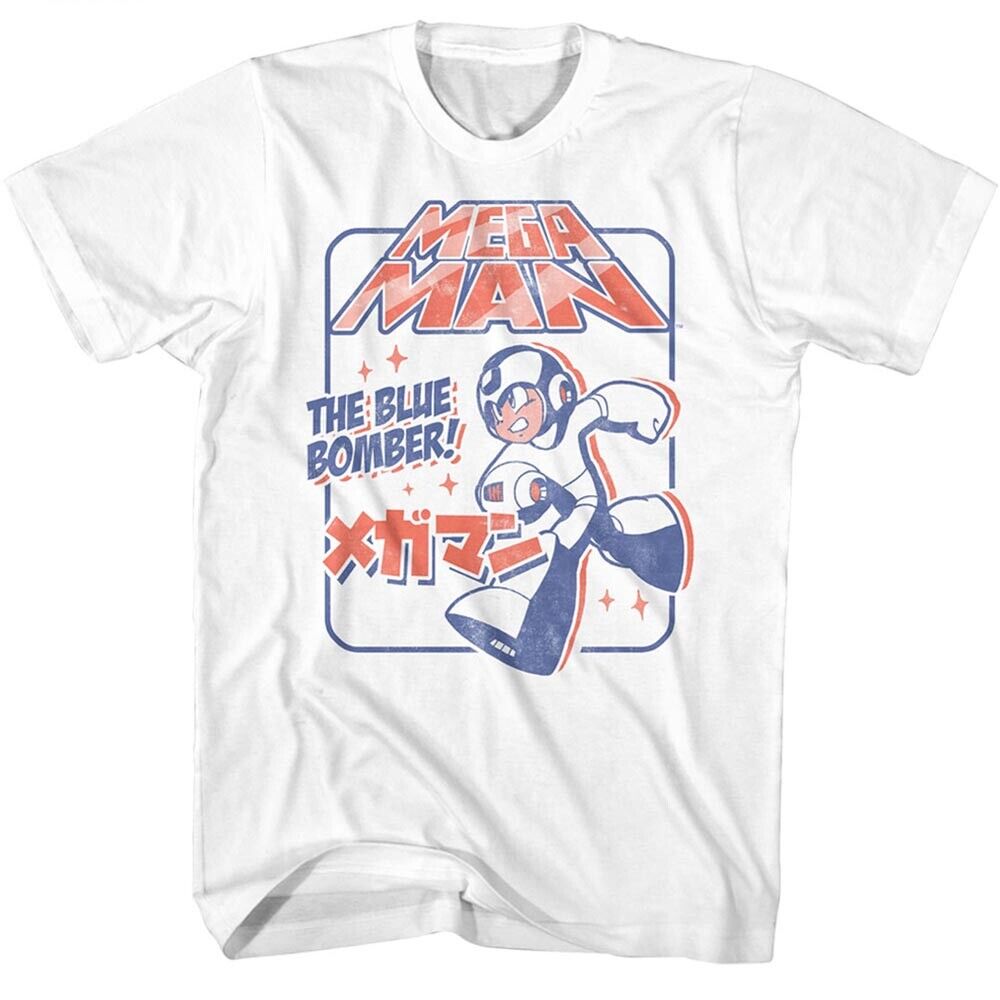 Mega Man TShirt Blue BomberAgain Men's Official Cap Com New White