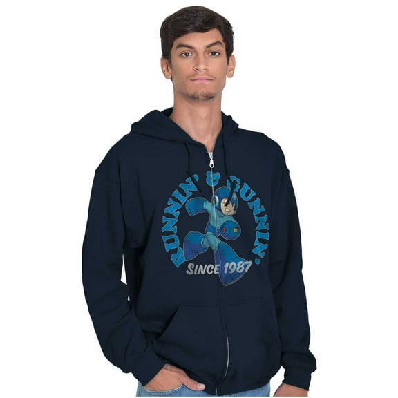 Mega Man Video Game Runnin and Gunnin Unisex Plus Size Zip Hoodie Brisco Brands 2X