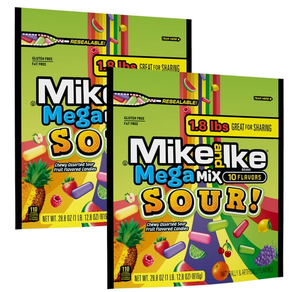 Mega Mix Sour Mike and Ike Candy, 28.8 Ounce Bag (Pack of 2), Chewy Candy, Vending Machine Candy, Gummy Candy Mix, Sour Candy