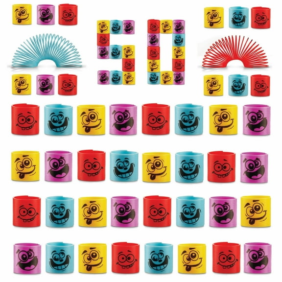 Mega (Pack of 50) Coil Springs for Kids - Assorted Silly Faces and Colors, Mini Plastic Spring Toy for Party Favors, Carnival Prizes, Gift Goodie Bag Filler, Stocking Stuffers