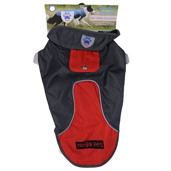 Mega Pet Insulated Waterproof Breathable High Visibility Dog Jacket -Size Large - Grey and Red