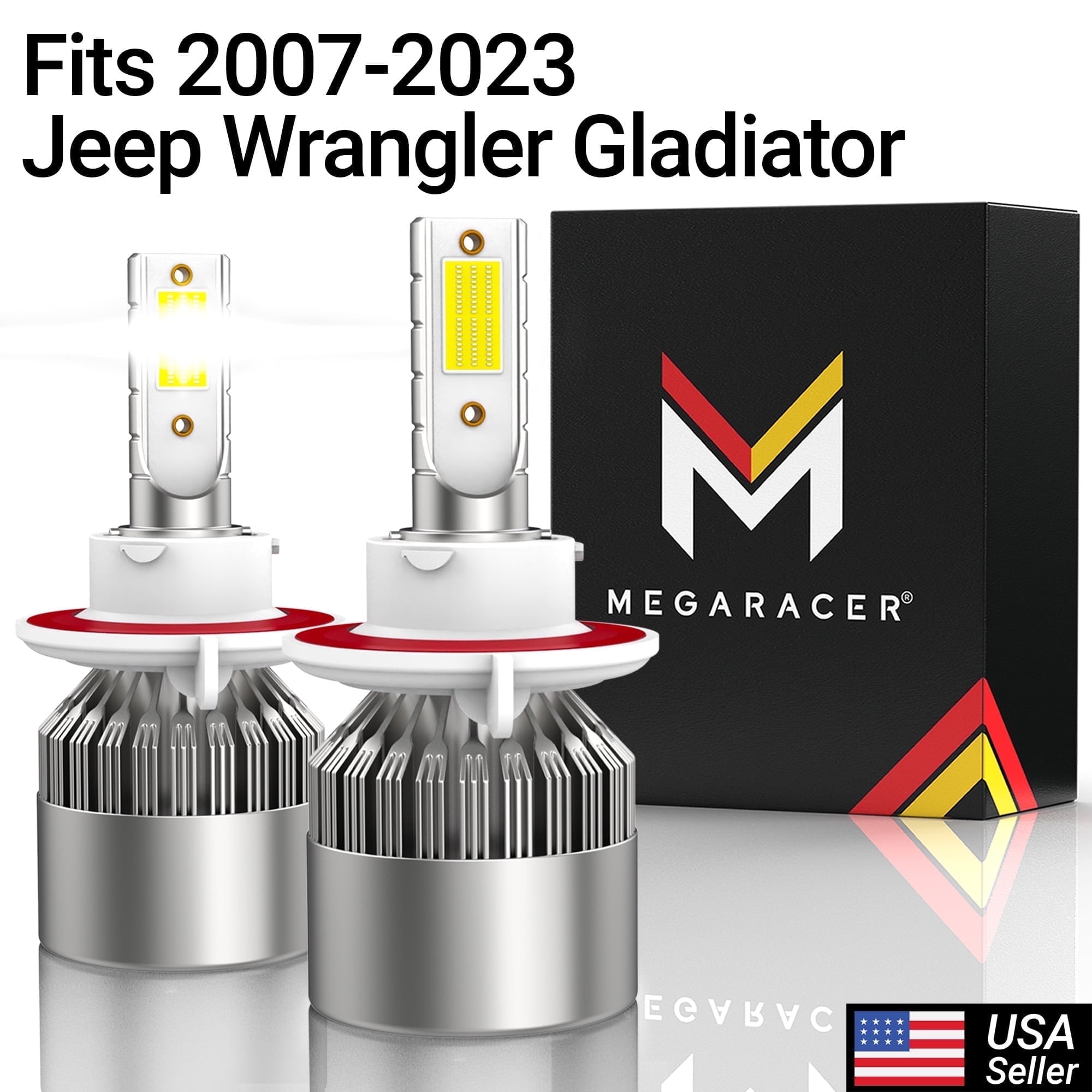 Mega Racer 2007-2023 Jeep Wrangler Gladiator H13 9008 LED Headlight Bulb (2 PACK) - 6000K Bright White 40W 8000LM - Replacement Car Bulbs